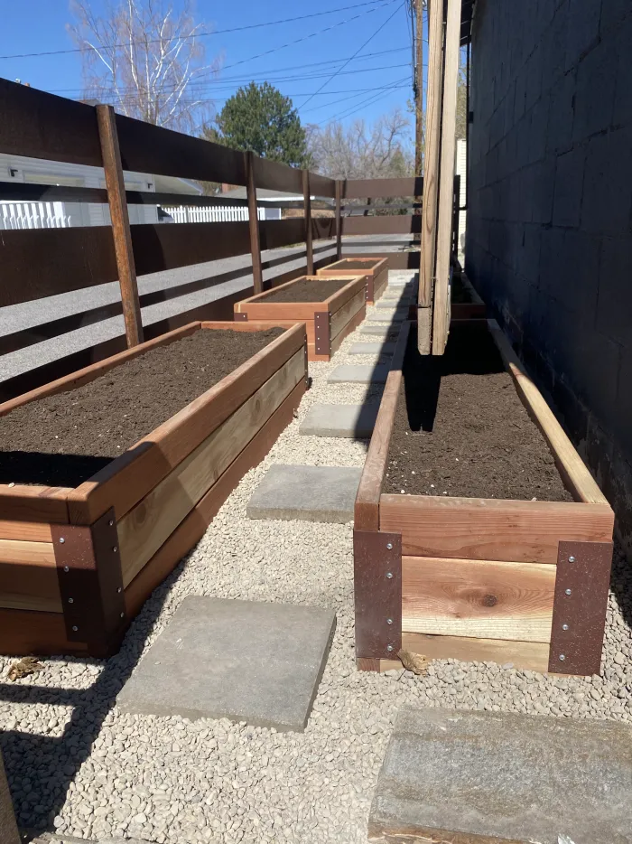 Row of raised redwood planters filled with soil along a dark fence in an alley.