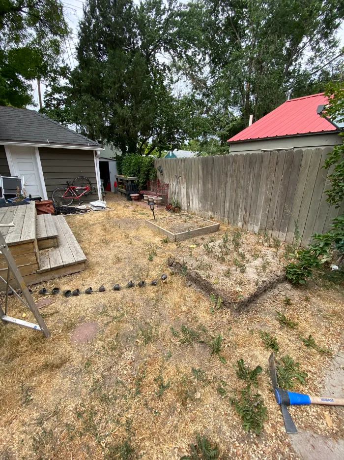 A dry, weedy side yard between a deck and a wooden fence.