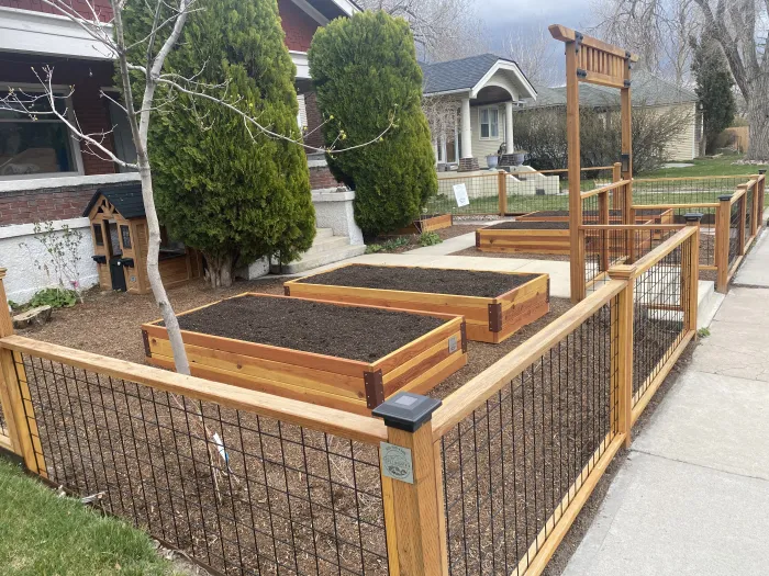 Raised redwood beds inside a redwood and wire fence with an arbor, along a city sidewalk.